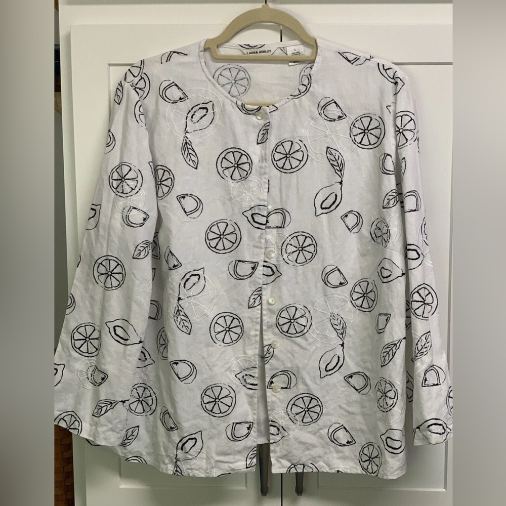 Laura Ashley Linen Top Size Large, Black Embroidered fruit on White Blouse